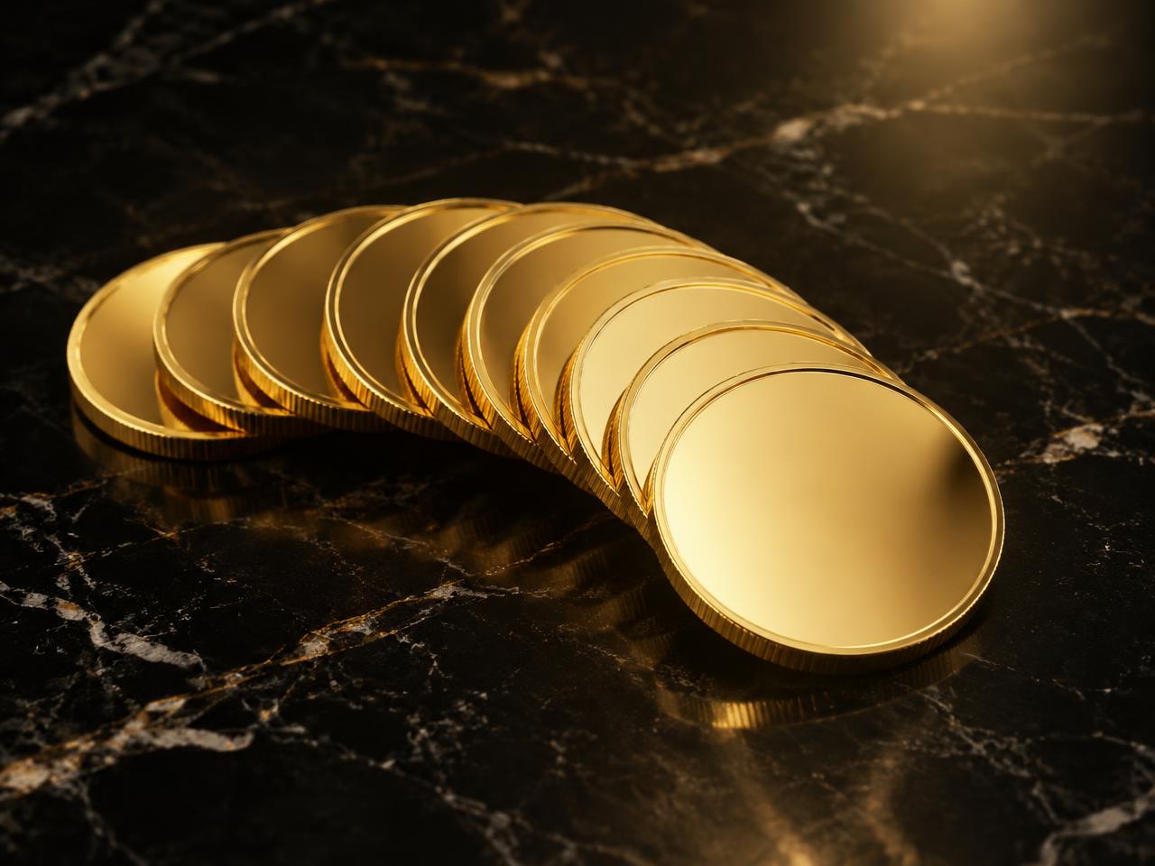 Polished gold coins on black marble